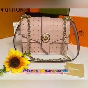 🆕MICHAEL KORS Greenwich Small Studded Leather Crossbody Bag ~Smokey Rose~